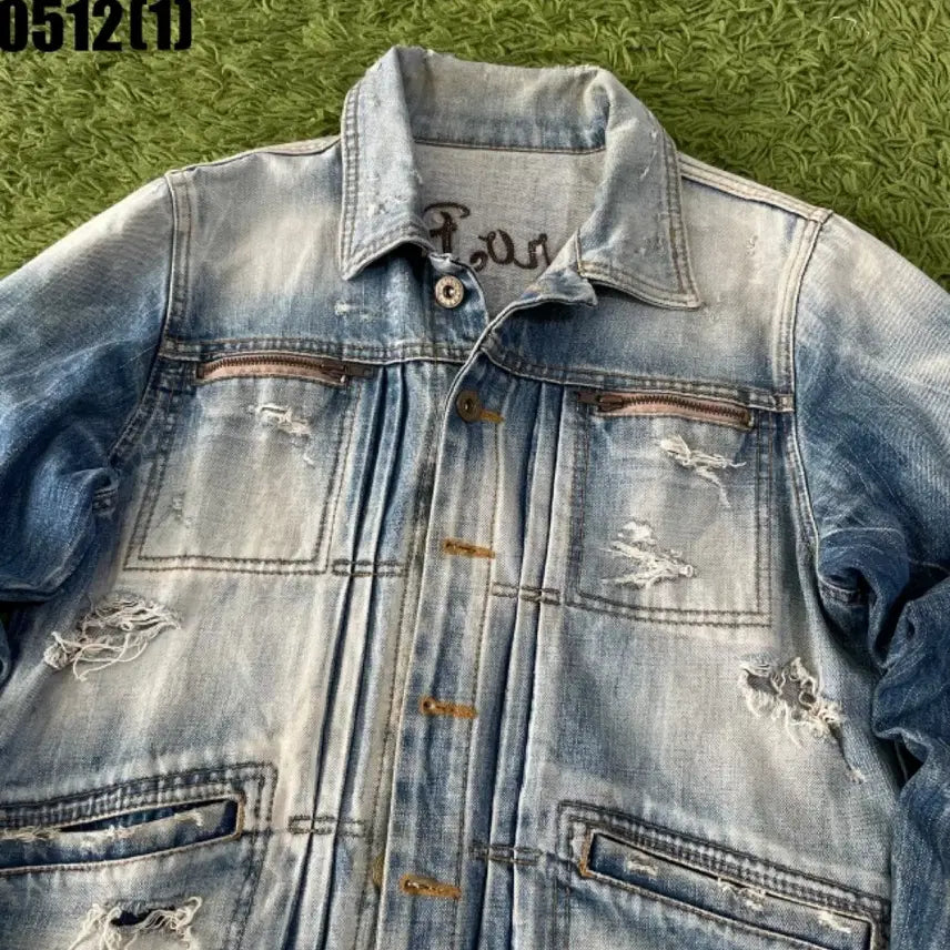 [BUNJANG] Vintage Washed Denim Distressed Jacket / 청 데님 워싱 데미지 자켓