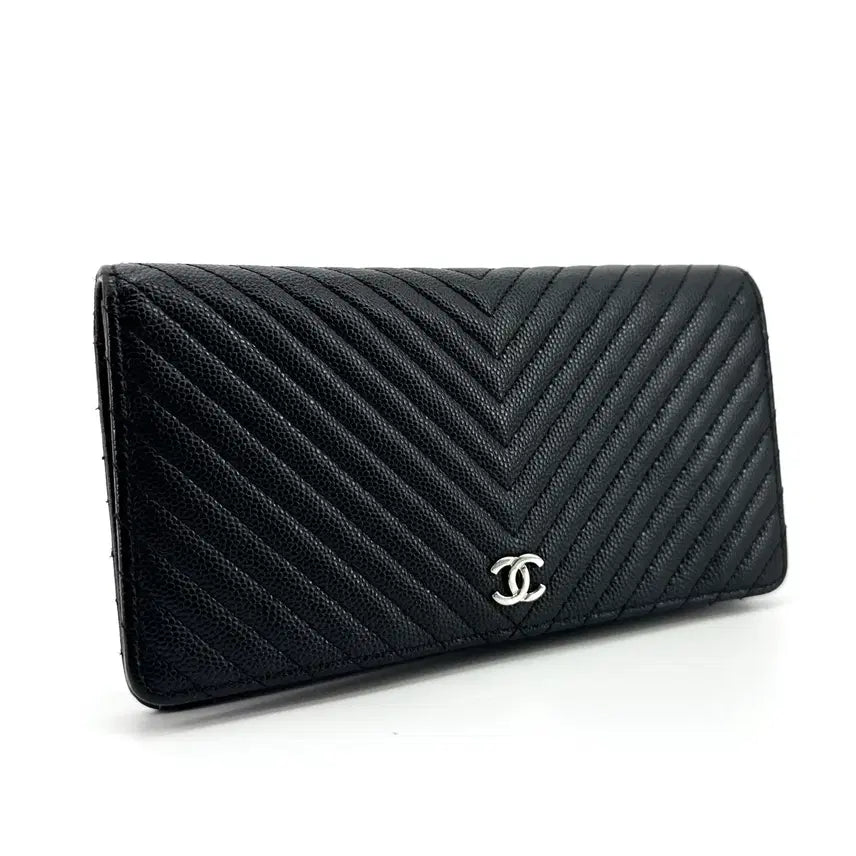 [BUNJANG] Chanel Caviar Chevron Silver Hardware Flap Long Wallet / 샤넬 캐비어 쉐브론 은장 플랩 장지갑