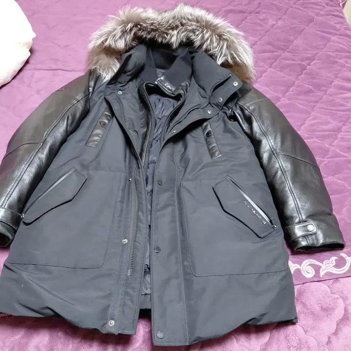 [BUNJANG] Black Leather Sleeve Padded Jumper / 가죽 팔 블랙 패딩 점퍼