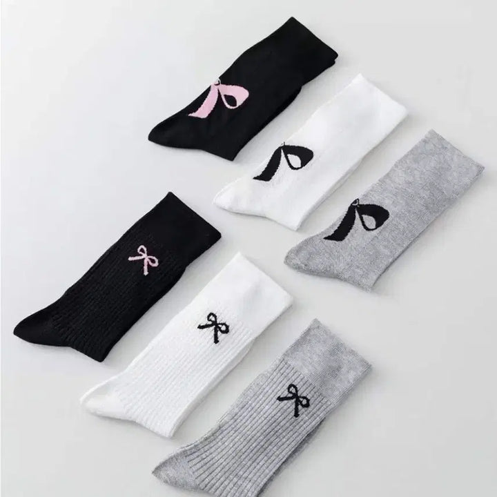 [BUNJANG] Ribbon Embroidered Ribbed Socks (Black/White/Grey) / 리본 자수 골지 양말 블랙/화이트/그레이