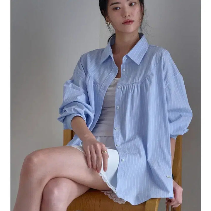 [BUNJANG] Sherryob Oversized Striped Shirt Blue / (새상품)셰리오브 오버사이즈 스트라이프 셔츠 블루