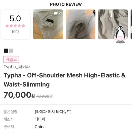 [BUNJANG] Typha Mesh Bodysuit Charcoal Grey M Size / Typha 타이파 메시 바디수트 택있는 새제품