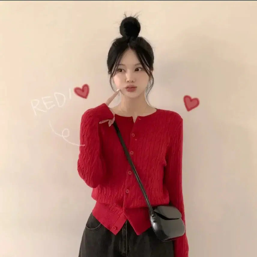 [BUNJANG] Cable Knit Red Cardigan / 에이블리 교신 꽈배기 레드 가디건