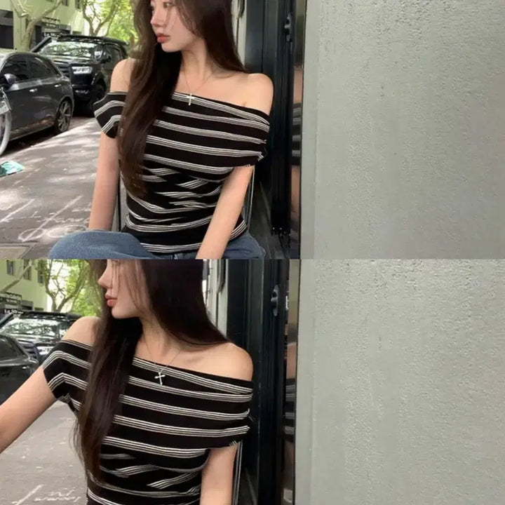 [BUNJANG] BaeDeli Stripe Off-Shoulder Top (Oatmeal/Black) / 일택포,새상품) 블랙,오트밀 일괄 에이블리 베이델리 스트라이프 오프숄더