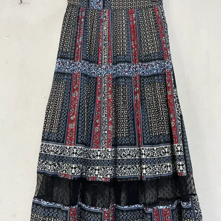 [BUNJANG] Ethnic Dot Mesh Panel Pleated Long Skirt / 특가새)N6317 에스닉 도트 망사배색 롱 스커트.플리츠.보헤미안