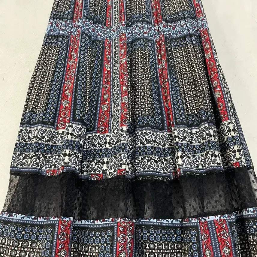 [BUNJANG] Ethnic Dot Mesh Panel Pleated Long Skirt / 특가새)N6317 에스닉 도트 망사배색 롱 스커트.플리츠.보헤미안