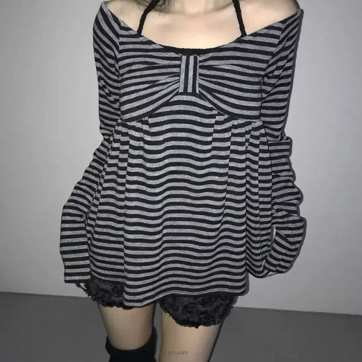 [BUNJANG] Stripe Ribbon Long Sleeve Off-Shoulder Top / 스트라이프 리본 롱 슬리브 오프숄더 탑