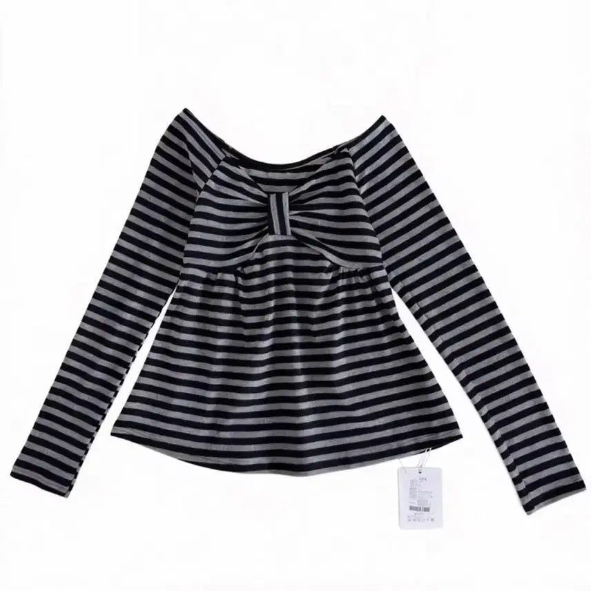 [BUNJANG] Stripe Ribbon Long Sleeve Off-Shoulder Top / 스트라이프 리본 롱 슬리브 오프숄더 탑