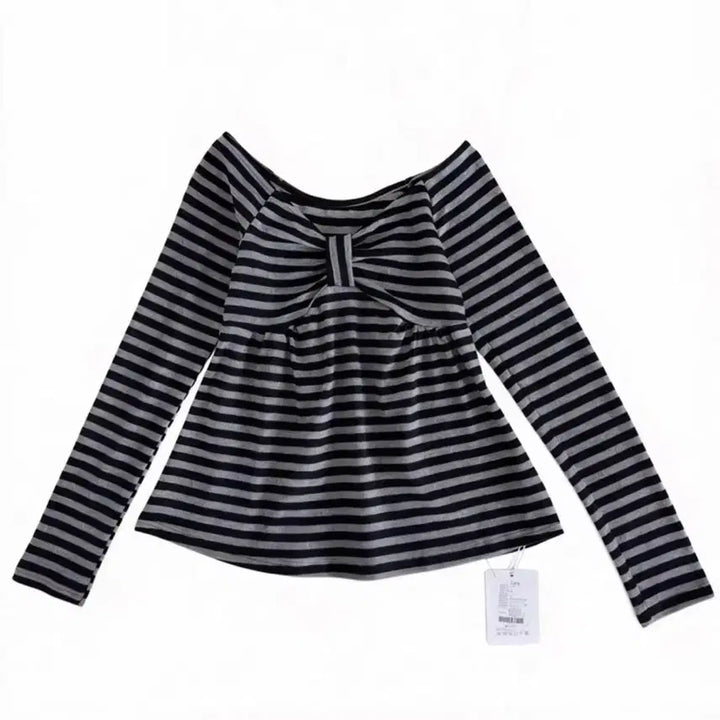 [BUNJANG] Stripe Ribbon Long Sleeve Off-Shoulder Top / 스트라이프 리본 롱 슬리브 오프숄더 탑