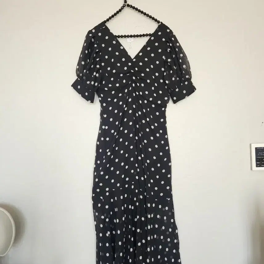 [BUNJANG] Black Dot Long Dress Puff Sleeve / 블랙 도트 롱 원피스 퍼프소매