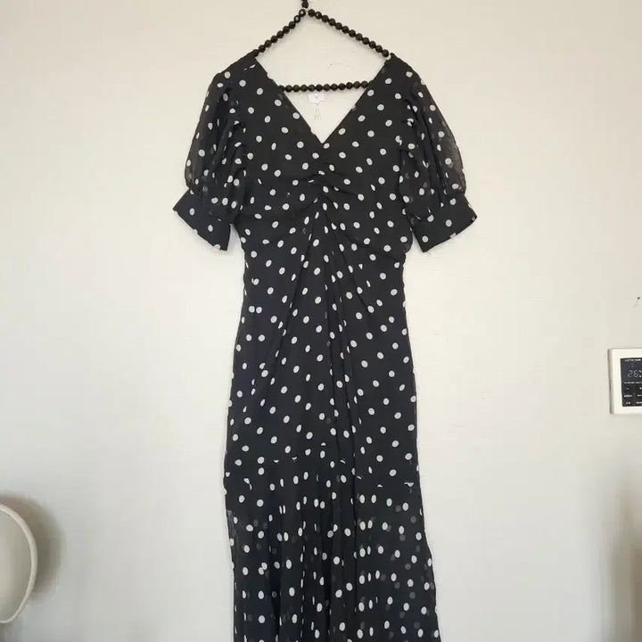 [BUNJANG] Black Dot Long Dress Puff Sleeve / 블랙 도트 롱 원피스 퍼프소매
