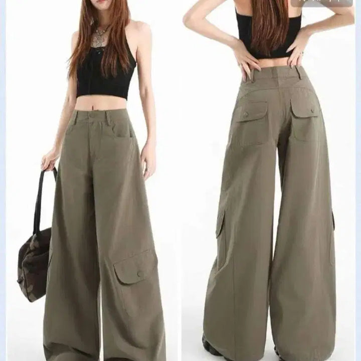 [BUNJANG] Wide Cargo Long Pants - Green (9/10 Length) / 와이드 카고 롱팬츠 그린 원래부터 9부. 스타일
