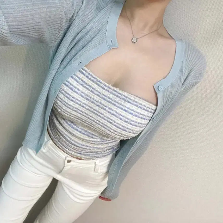 [BUNJANG] Pearl Tweed Shirring Top - Sky Blue / 펄 트위드 셔링 탑 소라