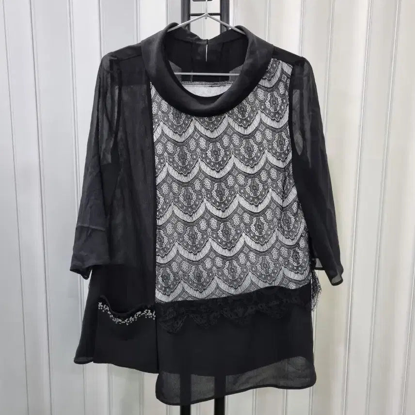 [BUNJANG] Black Lace Blouse 7-Sleeve / 블랙 레이스 블라우스 여성 7부