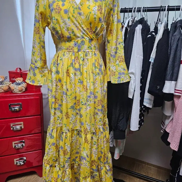[BUNJANG] Yellow Flower Long Wrap Dress / 옐로우 플라워 롱 랩 원피스