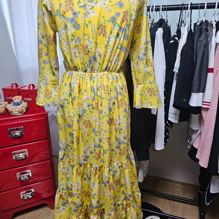 [BUNJANG] Yellow Flower Long Wrap Dress / 옐로우 플라워 롱 랩 원피스
