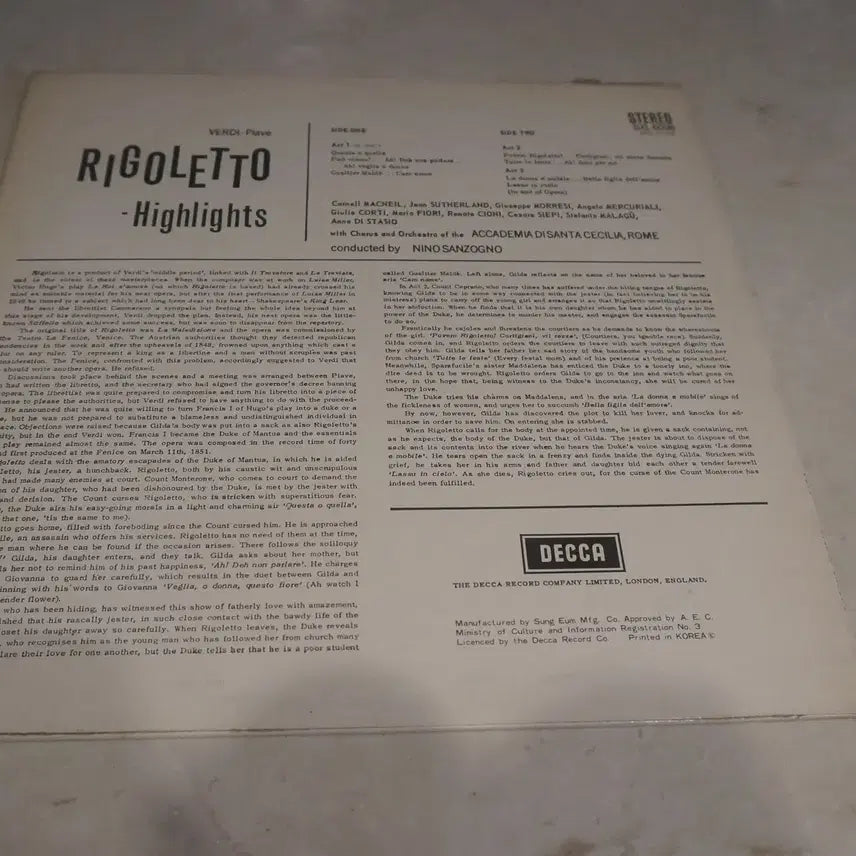 [BUNJANG] Verdi Rigoletto Highlights LP / LP/Verdi / Rigoletto Highlights
