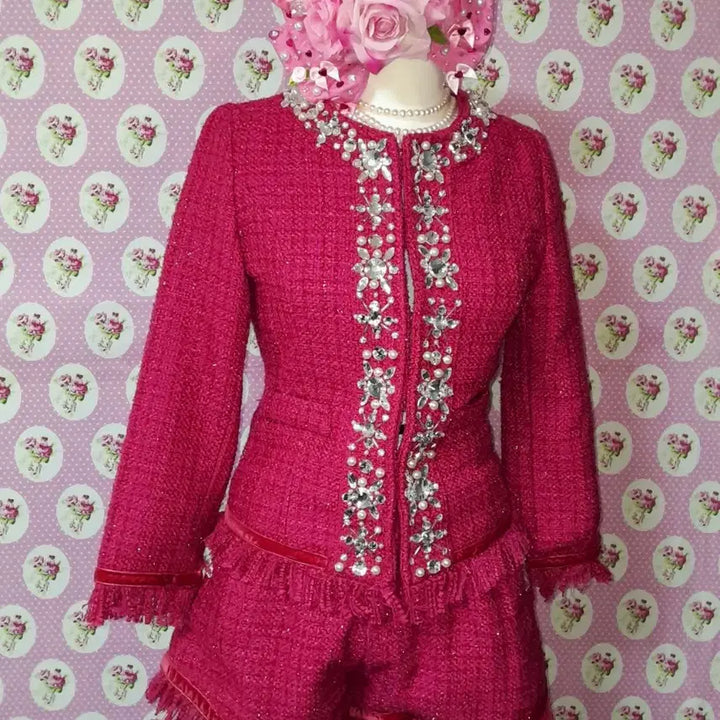 [BUNJANG] EmiriaWiz Hot Pink Bijou Detail Tweed Set-up / 에미리아위즈 핫핑크 비쥬 디테일 트위드 셋업