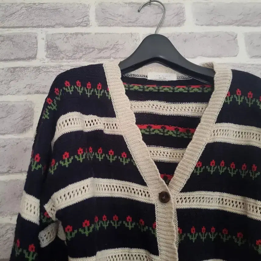 [BUNJANG] Navy Flower Print Stripe Cardigan / 네이비 플라워 프린트 스트라이프 가디건/알뜰한여우