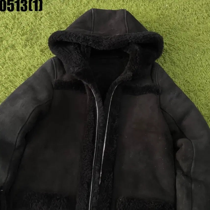 [BUNJANG] Sandro Black Suede Hooded Long Coat / 산드로 샌드로 블랙 무스탕 후드 롱 코트 1size