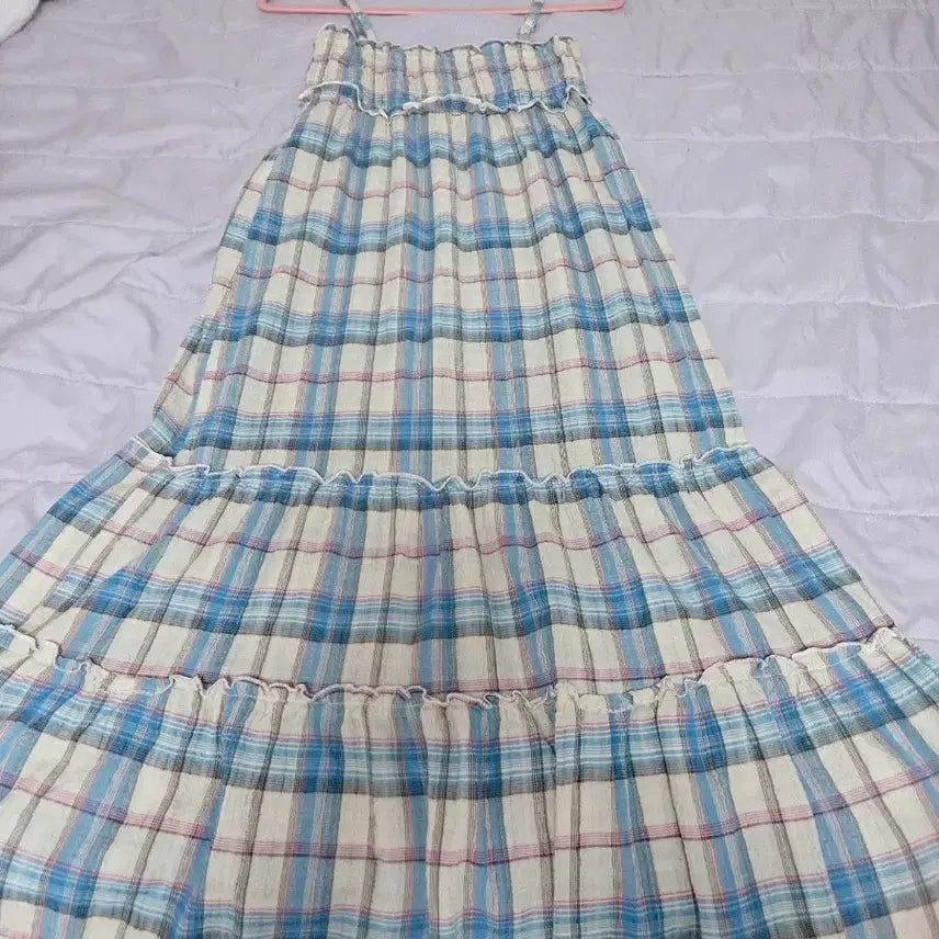 [BUNJANG] Pink Checkered Strap Dress / 하늘 핑크 체크 빈티지 원피스