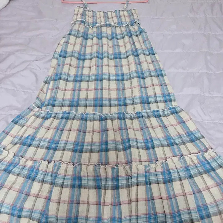 [BUNJANG] Pink Checkered Strap Dress / 하늘 핑크 체크 빈티지 원피스