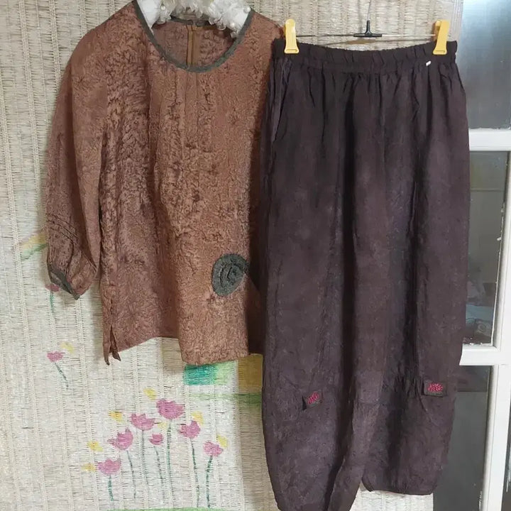 [BUNJANG] Natural Dyeing Indigen Silk Brown Top and Bottom Set / 천연염색 인견 브라운 상의 하의 세트