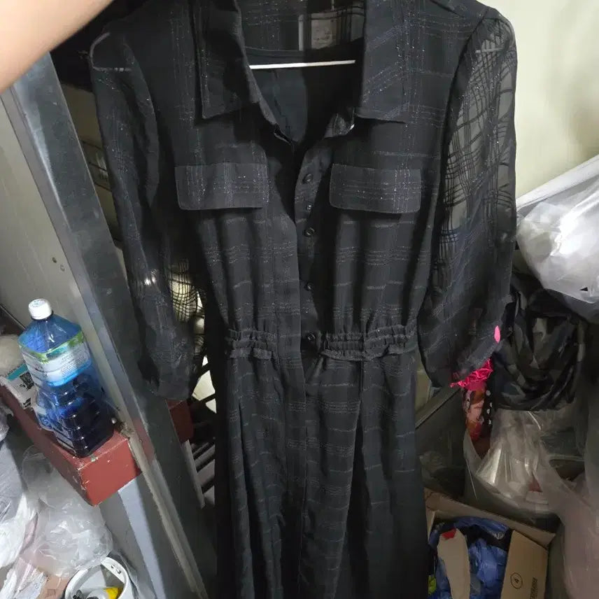 [BUNJANG] Chatelaine Black Check See-Through Long Dress / 샤트렌 블랙 체크 시스루 롱 원피스