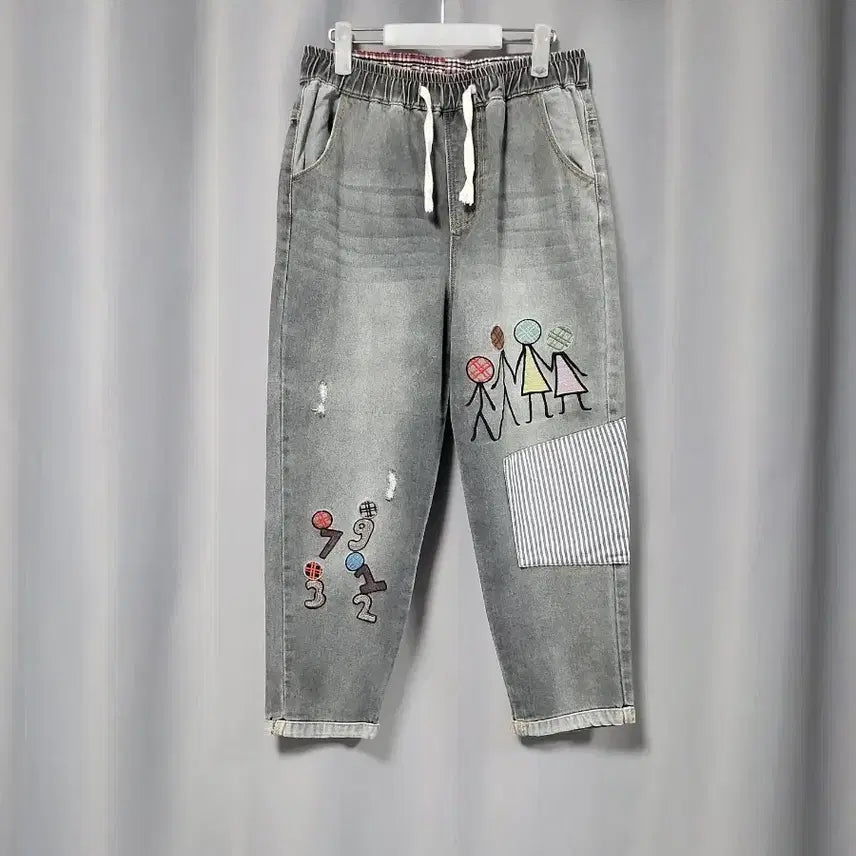 [BUNJANG] Embroidered Striped Patchwork Denim Jeans / 자수 스트라이프 패치워크 데님