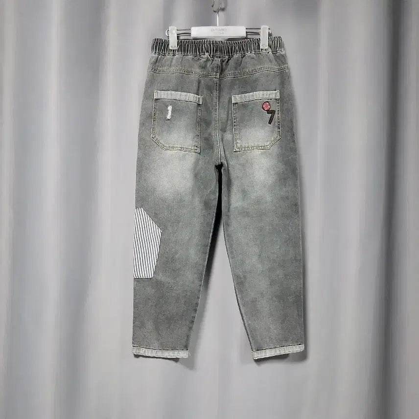 [BUNJANG] Embroidered Striped Patchwork Denim Jeans / 자수 스트라이프 패치워크 데님