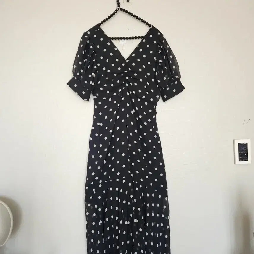 [BUNJANG] Black Polka Dot Short Sleeve Long Dress / 블랙 도트 반팔 롱 원피스