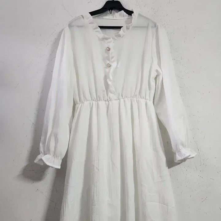 [BUNJANG] White Long Dress Chiffon Ruffle / 화이트 롱 원피스 쉬폰 러플 장식