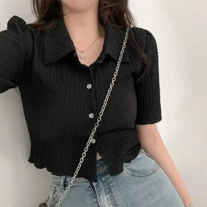 [BUNJANG] Black Textured Crop Shirt / 블랙 텍스처 크롭 셔츠