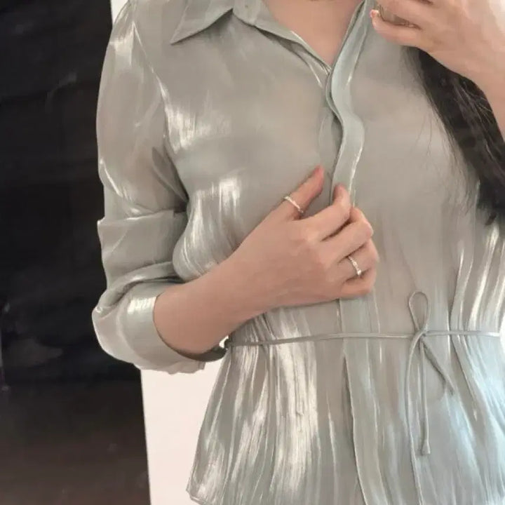 [BUNJANG] Zara Satin Shirt Blouse Mint / 자라 반짝이 장식 셔츠 새틴셔츠 민트 품절대란 블라우스