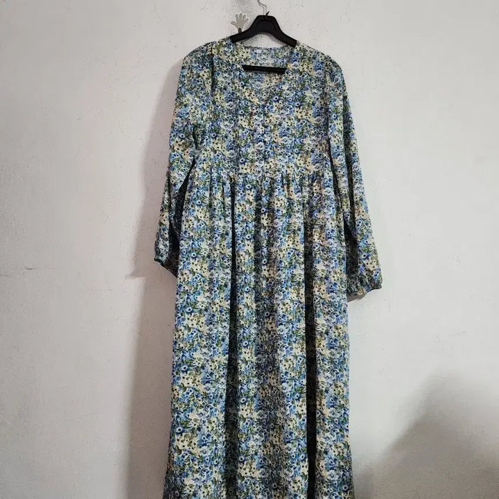 [BUNJANG] Flower Pattern Long Dress - Sky Blue / 플라워 패턴 롱 원피스 하늘색