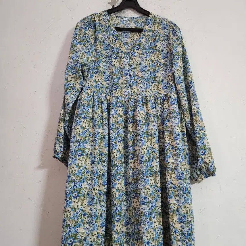 [BUNJANG] Flower Pattern Long Dress - Sky Blue / 플라워 패턴 롱 원피스 하늘색