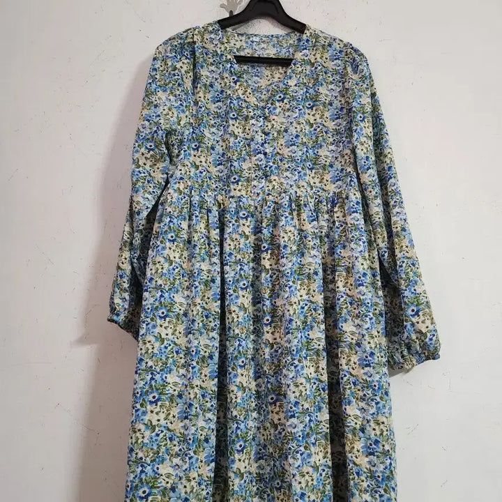 [BUNJANG] Flower Pattern Long Dress - Sky Blue / 플라워 패턴 롱 원피스 하늘색