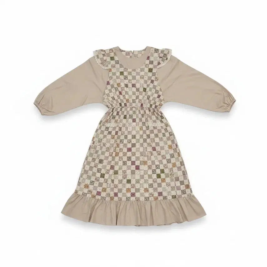 [BUNJANG] Checkered Long Sleeve Layered Dress / 체크 롱 원피스 긴팔 레이어드