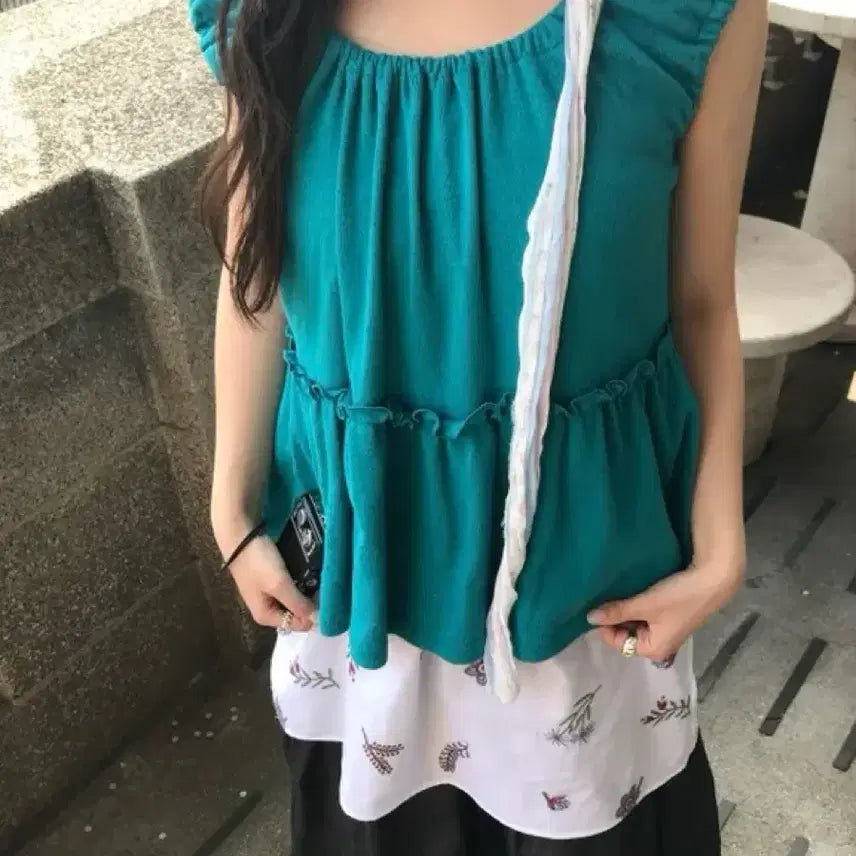 [BUNJANG] Shirring Sleeveless Blouse / (새상품)민트 셔링 나시 블라우스