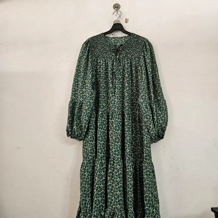 [BUNJANG] Flower Pattern Long Dress Green / 플라워 패턴 롱 원피스 그린