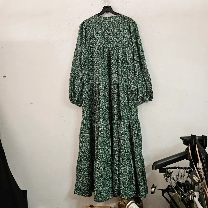[BUNJANG] Flower Pattern Long Dress Green / 플라워 패턴 롱 원피스 그린