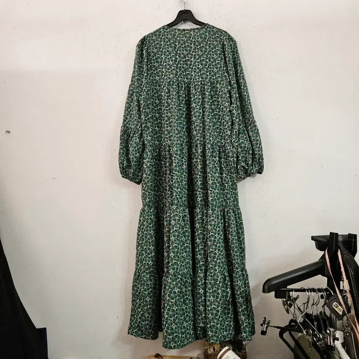 [BUNJANG] Flower Pattern Long Dress Green / 플라워 패턴 롱 원피스 그린