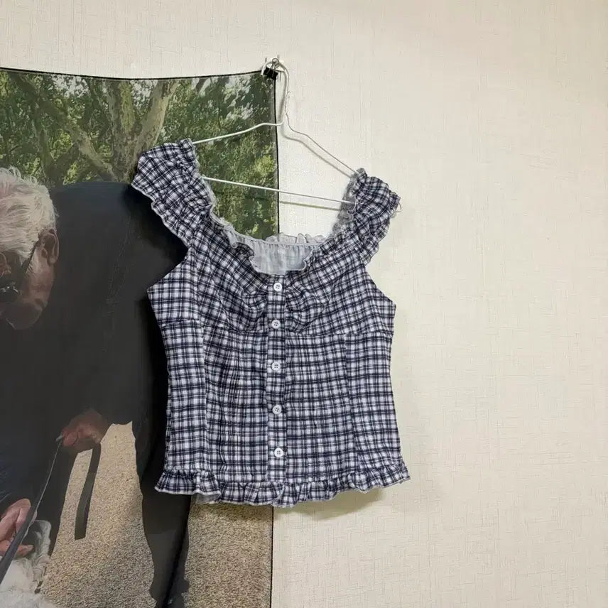 [BUNJANG] Check Off-Shoulder Blouse / 체크 오프숄더 블라우스