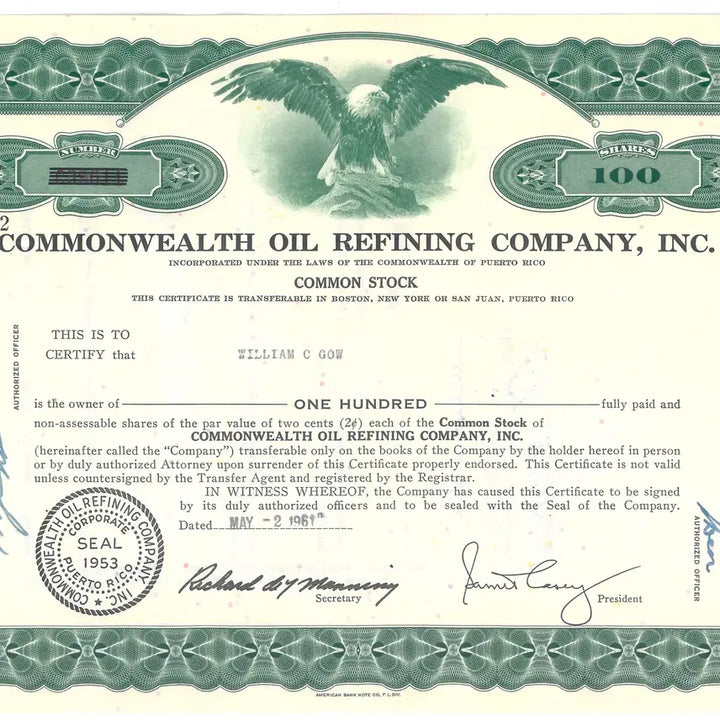 [BUNJANG] Commonwealth Oil Refining Company CORCO K-141 1,000 Shares Common Stock Certificate 1959 / [역사물: 실물 주식 증서] CORCO   K-141