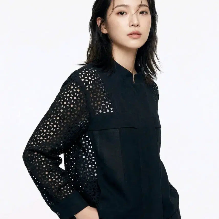 [BUNJANG] Jill Stuart Black Lace Sleeve Linen Jacket / 질스튜어트 블랙 레이스 소매 마 자켓  린넨자켓
