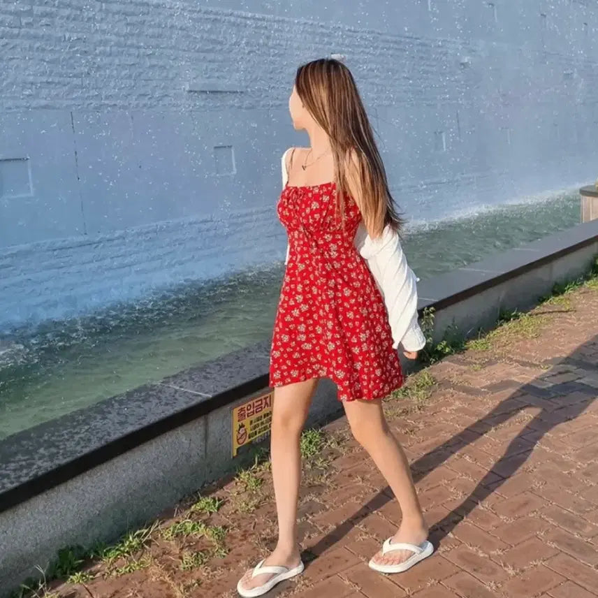 [BUNJANG] Red Mini Dress Size 55 Floral Pattern / 새상품) 55사이즈 레드 미니 원피스