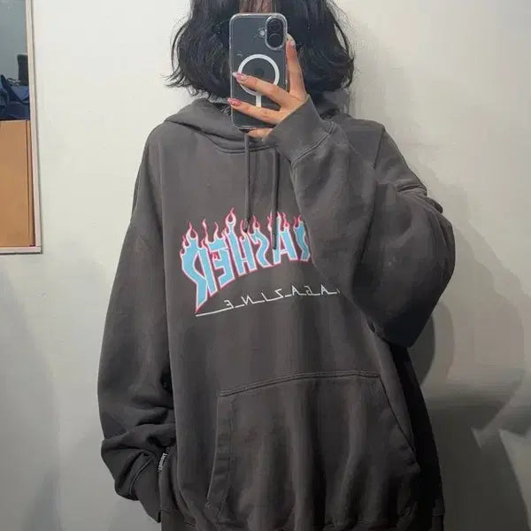 [BUNJANG] THRASHER Flame Logo Oversized Hoodie Charcoal XL / XL 트레셔 오버핏 플레임 로고 후디 후드 티셔츠 차콜