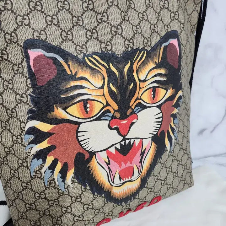 [BUNJANG] Gucci GG Supreme Angry Cat Drawstring Backpack / 구찌 GG 수프림 앵그리캣 드로우스트링 백팩