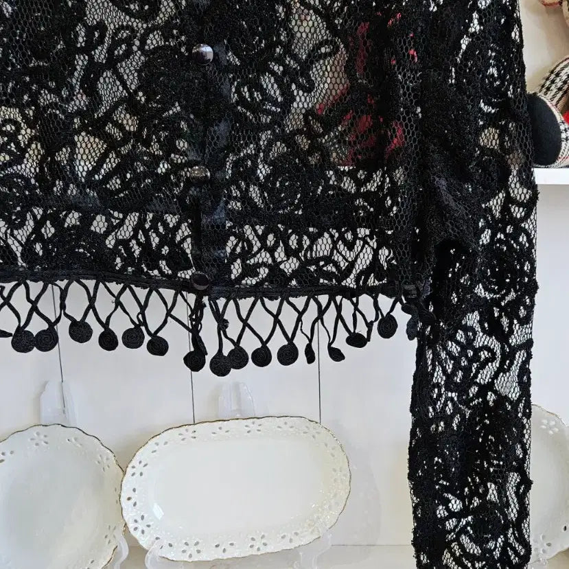 [BUNJANG] Carule Black Lace Crop Cardigan / 블랙 레이스 크롭 가디건