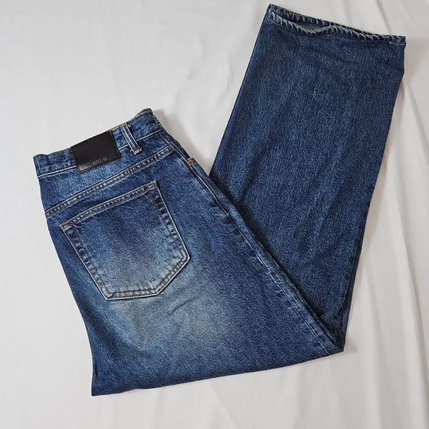 [BUNJANG] Instant Denim Leather Patch Wide Denim Pants 32 / 인스턴트 데님 가죽패치 와이드 데님팬츠 바지 워싱 32
